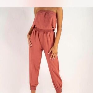 Bishop and Young Coral Strapless Jumpsuit